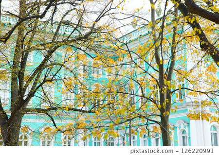 the incredibly picturesque facade of the Winter Palace through the branches of trees on a clear spring day, the heritage of Russia, the most famous landmark of St. Petersburg, the museum 126220991