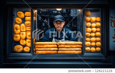 Asian vendor presenting fresh fried dough treats in a window display 126221228