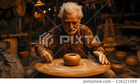 Artisan's touch, Senior potter crafting clay masterpiece on spinning wheel 126221309