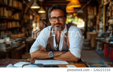 Reflective bookshop owner in his cluttered, atmospheric domain 126221310