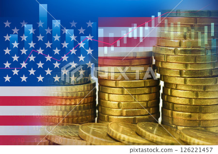 US America flag on stock investment trading with coin and graph. 126221457