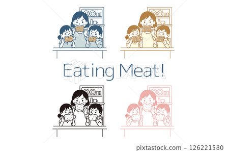 A family biting into a chunk of meat 126221580