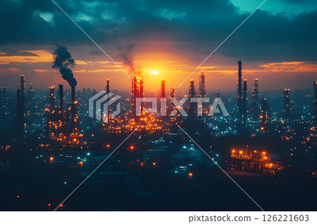 Industrial twilight cityscape with illuminated factories and moody skies 126221603