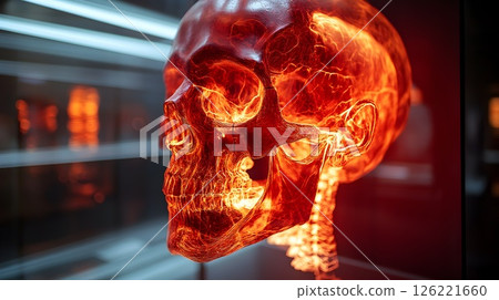 Fiery human skull with glowing red patterns evokes a sense of inferno Fiery human skull with glowing red patterns evokes a sense of inferno 126221660