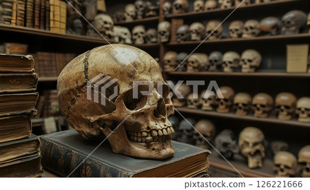 Memento Mori, A Skull's Silent Story Among Antique Books and Shelved Skulls 126221666