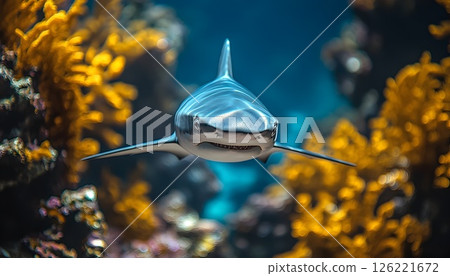 Captivating shark portrait swimming through vibrant coral ecosystem 126221672