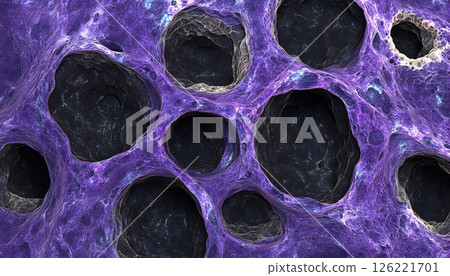 Abstract purple porous formation with dark recesses suggestive of coral or cellular structure 126221701