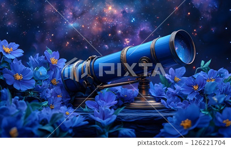 Celestial blooms, A telescope gazes towards the starlit heavens Celestial blooms, A telescope gazes towards the starlit heavens 126221704
