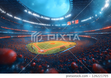Illuminated baseball stadium packed with fans under a vibrant twilight sky 126221705