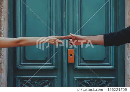A delicate touch, Fingers meeting over aged teal wood entry portal A delicate touch, Fingers meeting over aged teal wood entry portal 126221706