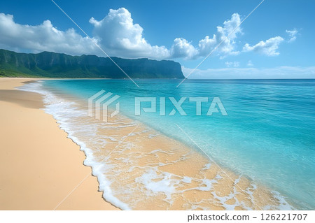 Idyllic seashore seascape with azure ocean and sandy beach horizon view 126221707