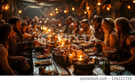Grand feast illuminated by candlelight evokes a medieval gathering 126221726