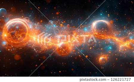 Mystical cosmic realm with celestial spheres and luminous energy threads 126221727