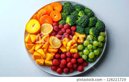 Vibrant plate showcasing colorful fruits and vegetables for healthy eating 126221729