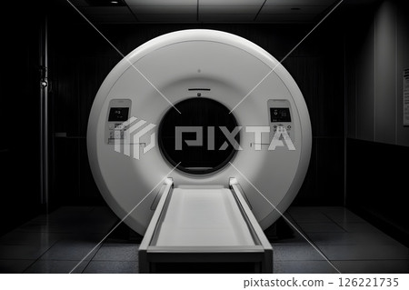 A modern ct scanner stands ready in a darkened medical imaging suite 126221735