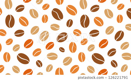 A clean and vibrant flat pattern with orange, brown, and green coffee beans. Suitable for modern projects like wallpaper, packaging, or cafe branding. 126221791