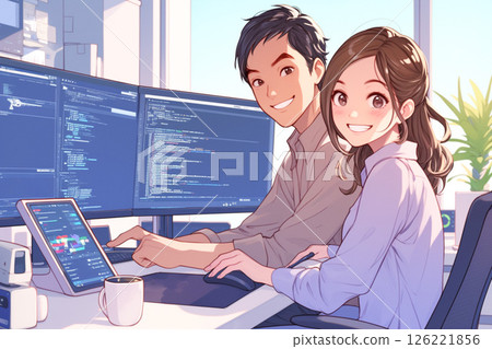 Male and female engineers creating a program with their faces up _ Illustration 1 126221856