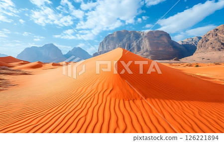 Vastness of Wadi Rum, Sand Dunes Meeting Ancient Mountains Under Azure Sky 126221894