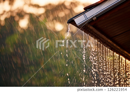 Continuous rain, raindrops falling from the eaves Continuous rain, raindrops falling from the eaves 126221954