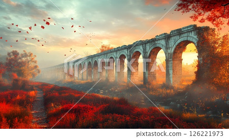 Ancient aqueduct blending with nature's autumnal embrace at twilight 126221973