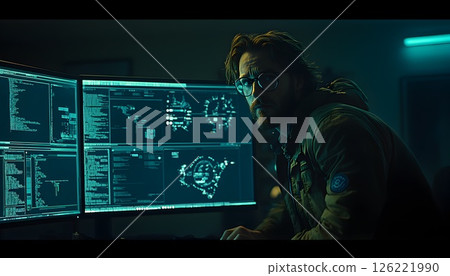 Cybersecurity expert analyzing complex data streams on multiple monitors Cybersecurity expert analyzing complex data streams on multiple monitors 126221990