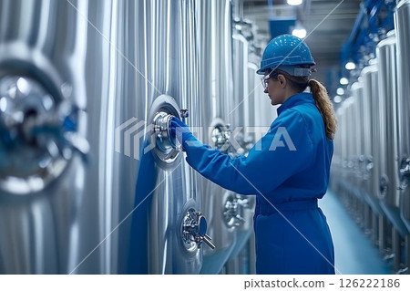 Female Technician Inspecting Stainless Steel Bioreactor Vessels Female Technician Inspecting Stainless Steel Bioreactor Vessels 126222186
