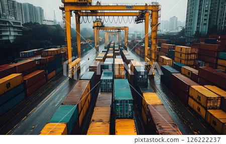 Urban Harbor: Container Port Cranes and Cargo Under a Cloudy Sky 126222237