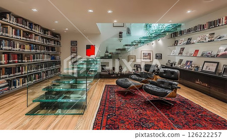 Modern library with glass staircase, Eames chairs, and a vibrant 126222257
