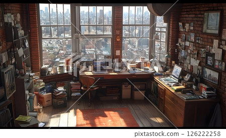 Cluttered Brick Loft Workspace with Expansive City View and Warm 126222258