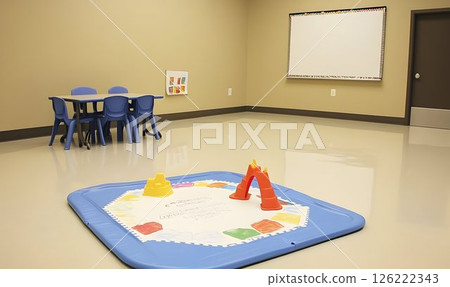 Bright playroom with blue table and chairs, drawing board, and c 126222343