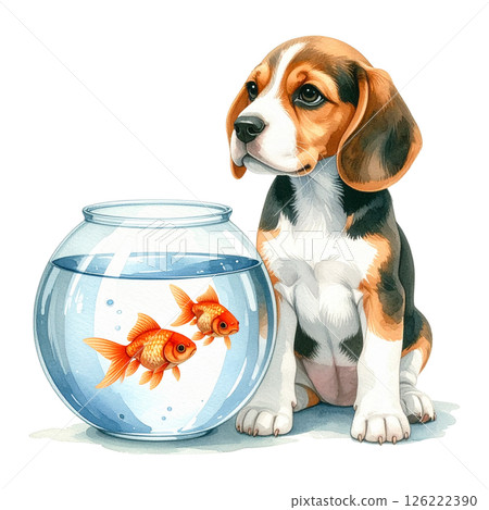 Illustration of a beagle puppy sitting next to a goldfish bowl 2 / Flyer or poster material 126222390