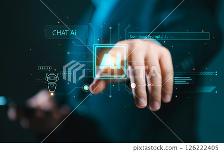 Humans are using technology, smart robot AI circuit boards, and entering a command prompt to generate something: futuristic technology. Business people working with artificial intelligence. Humans are using technology, smart robot AI circuit boards, and entering a command prompt to generate something: futuristic technology. Business people working with artificial intelligence. 126222405