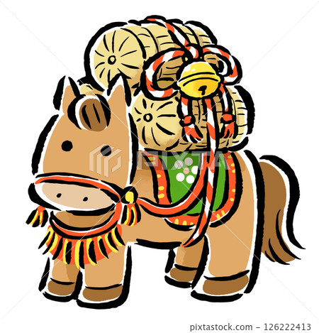 A decorated zodiac horse (horse) carrying a rice sack on its back 126222413