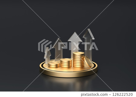 Stacked gold coins with upward transparent arrows, representing financial growth, investment success, and economic progress on dark background 126222520