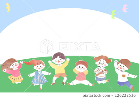 Illustration of children playing outside, frame, blue sky, watercolor, Scandinavian 126222536