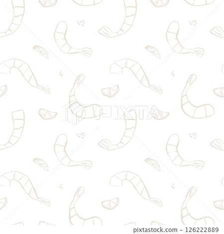 Seamless pattern of beige shrimps and lemons on white background hand-drawn in one line with no shadows and organic feel Seamless pattern of beige shrimps and lemons on white background hand-drawn in one line with no shadows and organic feel 126222889