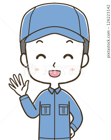 一位年輕男工人舉手打招呼的上半身插圖 一位年輕男工人舉手打招呼的上半身插圖 126223142