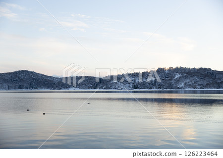 Lake Nojiri at sunset in winter Lake Nojiri at sunset in winter 126223464