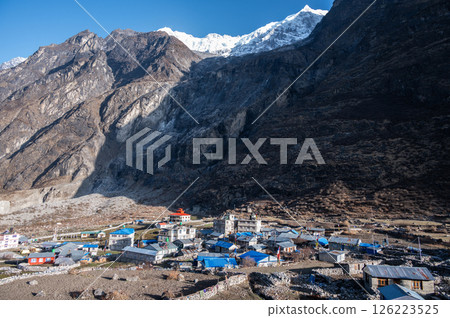 View of new Langtang village a village inside Langtang national park, Nepal. Completely destroyed by the earthquake in 2015 and then rebuilt, this village is a sign of resilience in the area. 126223525