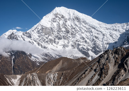 View of Mt.Langtang Lirung (7,234 m) seen from Tsergo Ri peak in Kyanjin Gompa village, Nepal. 126223611