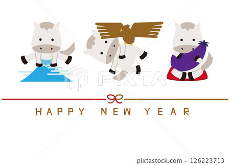 2026 New Year's card Happy new year Mizuhiki Horizontal First dream White horse White background 126223713