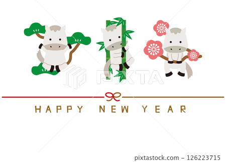 2026 新年賀卡 新年快樂 水引 橫 松竹梅 白馬 白馬 白色背景 126223715