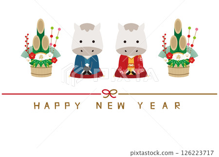 2026 New Year's card Happy new year Mizuhiki Horizontal Kimono pair Hakuba Greetings and Kadomatsu Background white 126223717