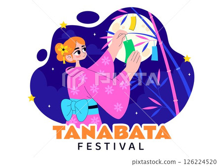 Tanabata Japan Festival Vector Illustration Featuring People Wearing Kimono and Peony Flowers in a National Holiday Flat Style Cartoon Background 126224520