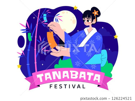 Tanabata Japan Festival Vector Illustration Featuring People Wearing Kimono and Peony Flowers in a National Holiday Flat Style Cartoon Background 126224521