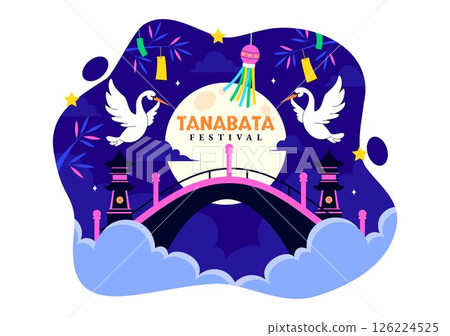 Tanabata Japan Festival Vector Illustration Featuring People Wearing Kimono and Peony Flowers in a National Holiday Flat Style Cartoon Background 126224525