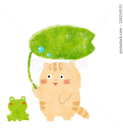 Illustration of a cat and a frog holding a leaf umbrella, drawn in crayon 126224531