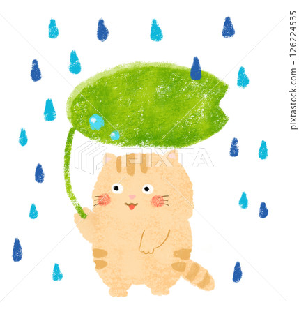 用蠟筆畫的一隻貓在雨中撐著一把樹葉傘的插圖 用蠟筆畫的一隻貓在雨中撐著一把樹葉傘的插圖 126224535