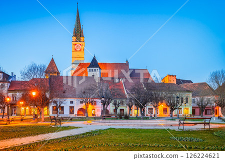 Medias, Romania. Lutheran church St. Margaret and historical saxon city in Transylvania. 126224621