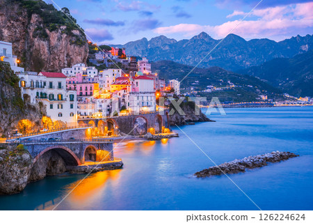 Amalfi, Italy. Atrani cityscape on coast line of Mediterranean Sea 126224624